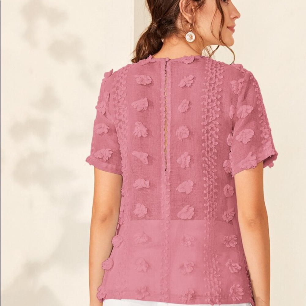 Solid Stereo Flowers Keyhole Back Blouse - image 3